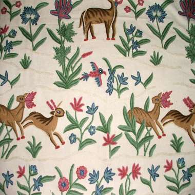 Crewel Fabric Jungle Deer White Cotton Doosuti